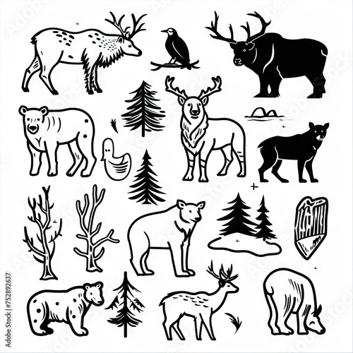Tundra Tales - Wildlife of the Cold Plains. Sticker Collection. Multiple. Vector Icon Illustration. Icon Concept Isolated Premium Vector. Line Art. Black Outline. White Background. 