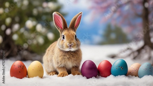 easter bunny with easter eggs on a snow © Naila