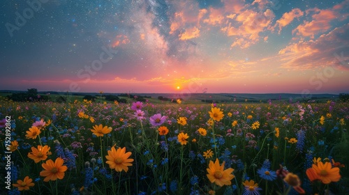 Field of Flowers Under Night Sky © olegganko