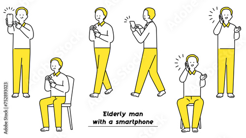 スマートフォンを操作する年配男性　ポーズバリエーション.