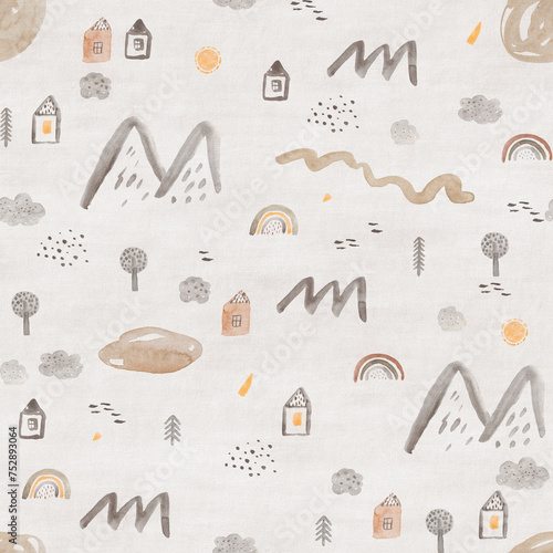 Cute seamless pattern. Watercolor childish background with houses, mountains, river and lakes.