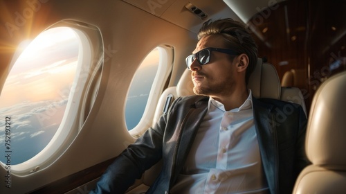 Businessman flying on his private jet photo