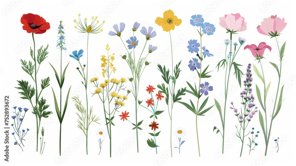Wild flowers vector collection. herbs, herbaceous flowering plants, blooming flowers, subshrubs isolated on white background. Hand drawn detailed botanical vector illustration.