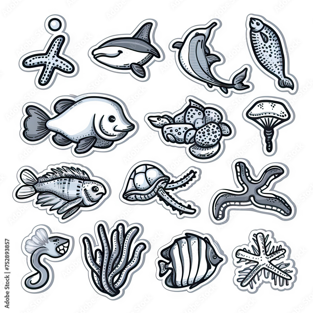 Ocean Odyssey - Marine Life from Every Sea. Sticker Collection. Multiple. Vector Icon Illustration. Icon Concept Isolated Premium Vector. Line Art. Black Outline. White Background. Ocean Odyssey - Marine Life from Every Sea. Sticker Collection. Multiple. Vector Icon Illustration. Icon Concept Isolated Premium Vector. Line Art. Black Outline. White Background.