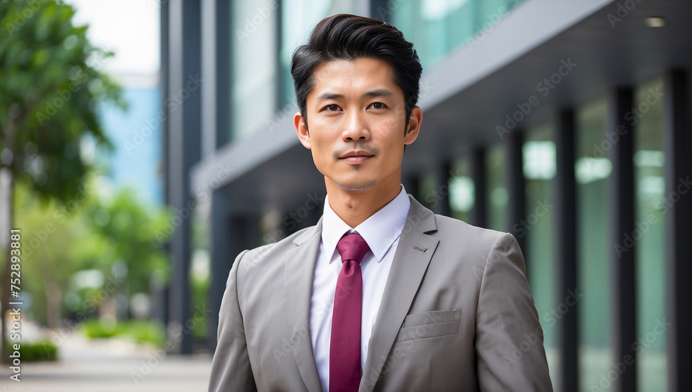 asian business man dress neatly and confidently standing in front of the office building asian business man dress neatly and confidently standing in front of the office building
