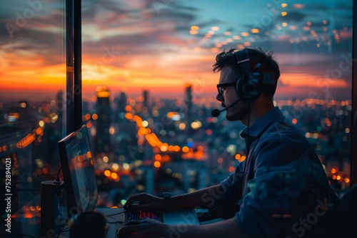 Support agent with a view, cityscape background, urban call center life