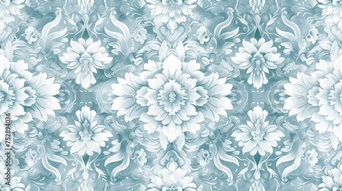 a seamless wallpaper art featuring complex floral patterns in shades of white and aquamarine. SEAMLESS PATTERN