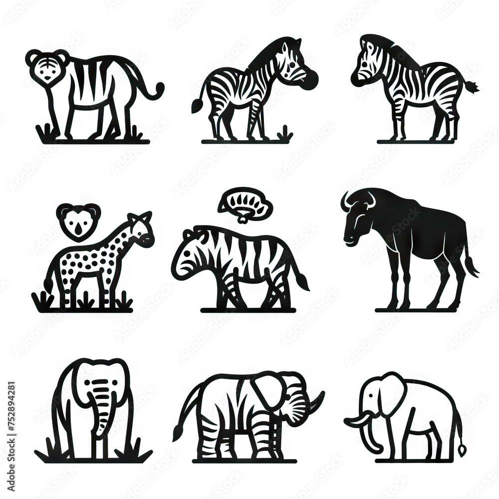 Obraz premium Savannah Serenade - Iconic Animals of the Grasslands. Sticker Collection. Multiple. Vector Icon Illustration. Icon Concept Isolated Premium Vector. Line Art. Black Outline. White Background. 