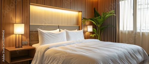 Comfortable bed with large wardrobe and lamp on wooden table in spacious modern bedroom at home