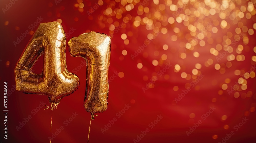 Naklejka premium Gold foil balloon number, digit forty. Birthday greeting card with inscription 40. Anniversary celebration event. Banner. Golden numeral, red background. Numerical digit, light bokeh, glitter