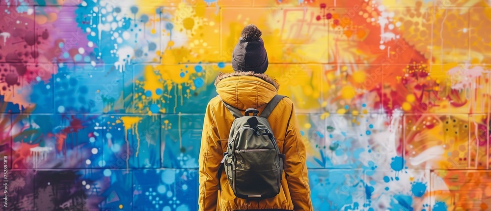 Customer service rep with an urban graffiti wall, cool and casual support Customer service rep with an urban graffiti wall, cool and casual support