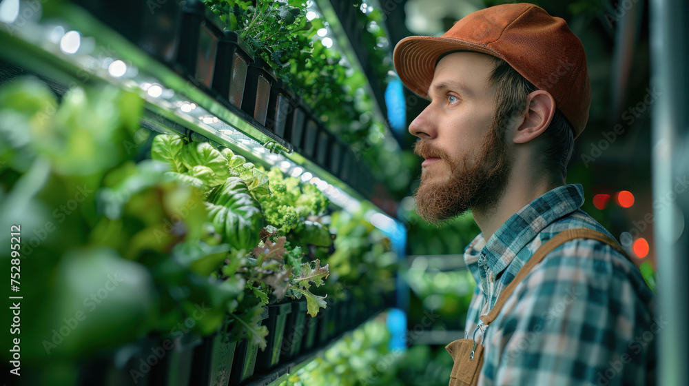 Caucasian Hydroponics Technician Closely Studying and Cultivating Crops