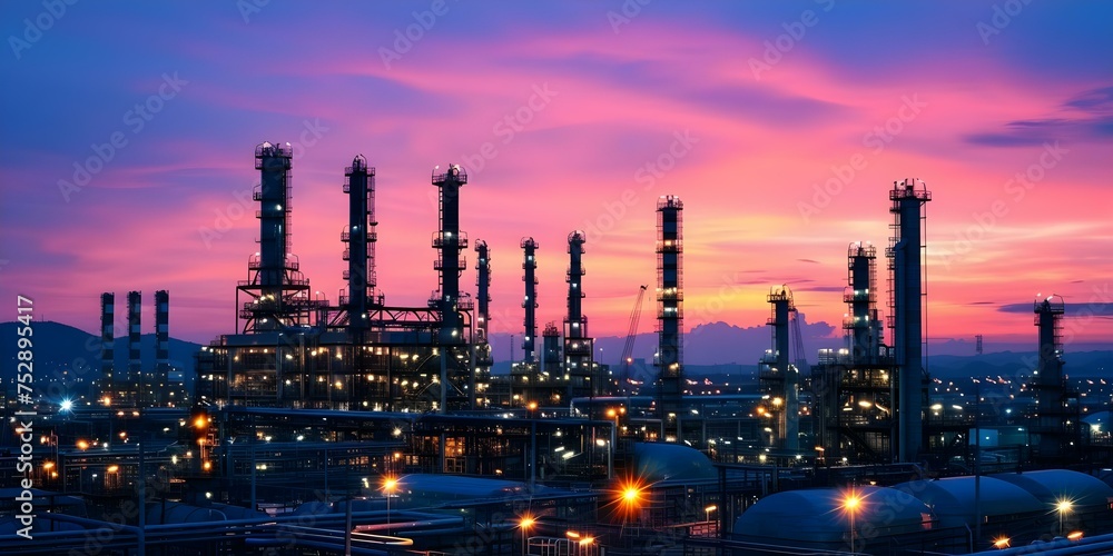 Vibrant petrochemical industry against a stunning twilight sky. Concept Industrial Photography, Petrochemical Plants, Twilight Sky Landscape