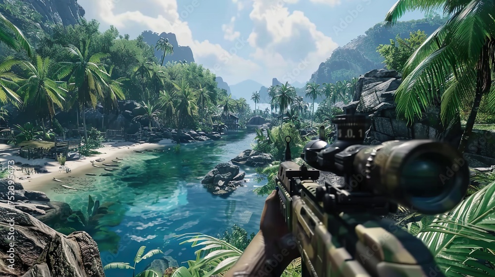 First-person shooter view in tropical island made with Ai generative technology - obrazy, fototapety, plakaty 