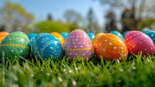 Colorful Painted Eggs in Grass