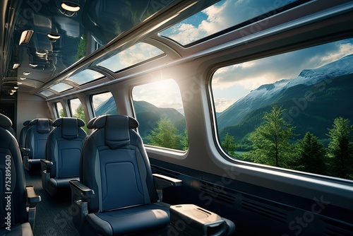 Passenger train interior. Nature view from the window. mode of transportation. train journey. modern train interior. 3d rendering.