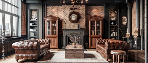 Elegant living room with leather sofa set, brick fireplace, antique wooden cabinet and lots of decor.