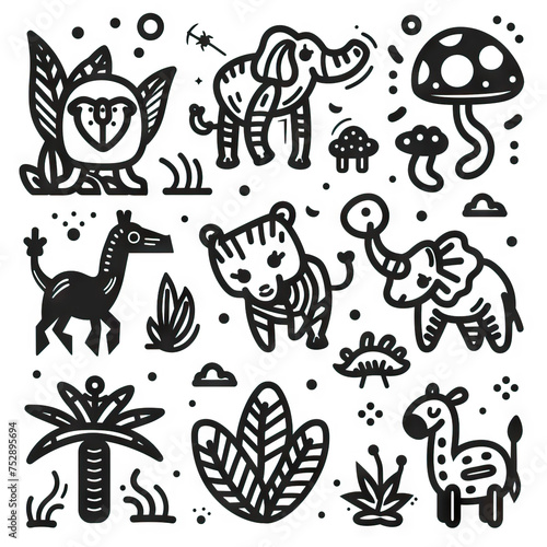 Wildlife Wonders - Fauna Fantasia. Sticker Collection. Multiple. Vector Icon Illustration. Icon Concept Isolated Premium Vector. Line Art. Black Outline. White Background. 