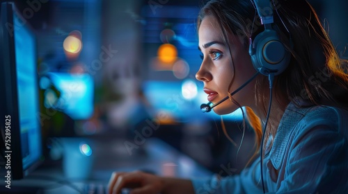 3D scene of a focused customer support agent at her desk, engaging in a lively conversation
