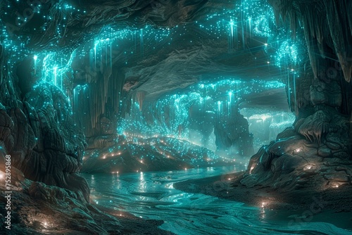 A cavern of bioluminescent crystals and underground rivers