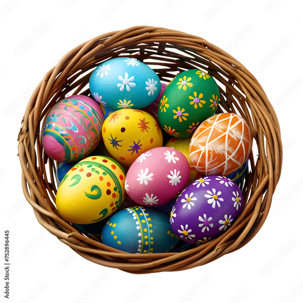 Basket full of colorful Easter eggs, top view, isolated on white background, denoting Easter traditions and hunts Basket full of colorful Easter eggs, top view, isolated on white background, denoting Easter traditions and hunts