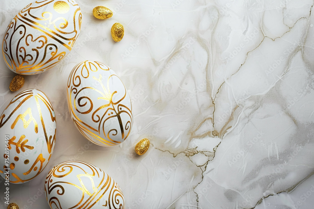 Elegant White and Gold Decorated Easter Eggs on a Luxurious Marble Background, Exquisite Holiday Decor - obrazy, fototapety, plakaty 