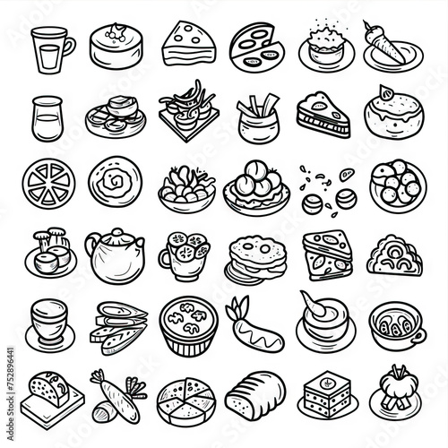 Gourmet Galore - Flavorful Feasts. Sticker Collection. Multiple. Vector Icon Illustration. Icon Concept Isolated Premium Vector. Line Art. Black Outline. White Background. -