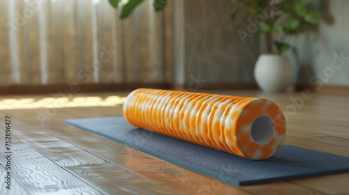 A foam roller lying on a yoga mat
