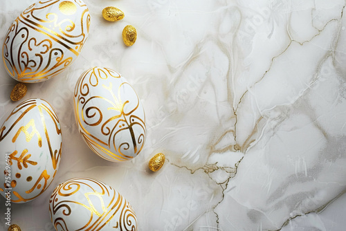 Elegant White and Gold Decorated Easter Eggs on a Luxurious Marble Background, Exquisite Holiday Decor