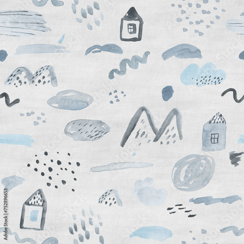 Cute seamless pattern. Watercolor childish background with houses, mountains, river and lakes. Vintage style.