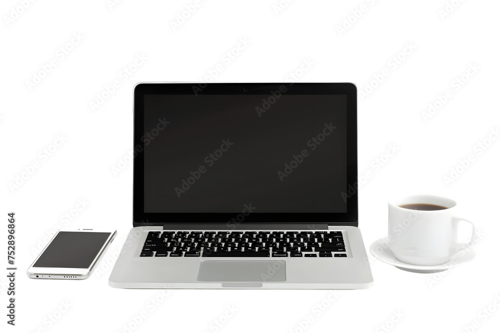 top view of a modern laptop, smartphone, and coffee cup, isolated on a white background, symbolizing remote work and technology top view of a modern laptop, smartphone, and coffee cup, isolated on a white background, symbolizing remote work and technology