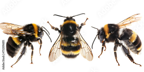 Collection of a flying bumblebee, bee and wasp isolated on a white or transparent background photo