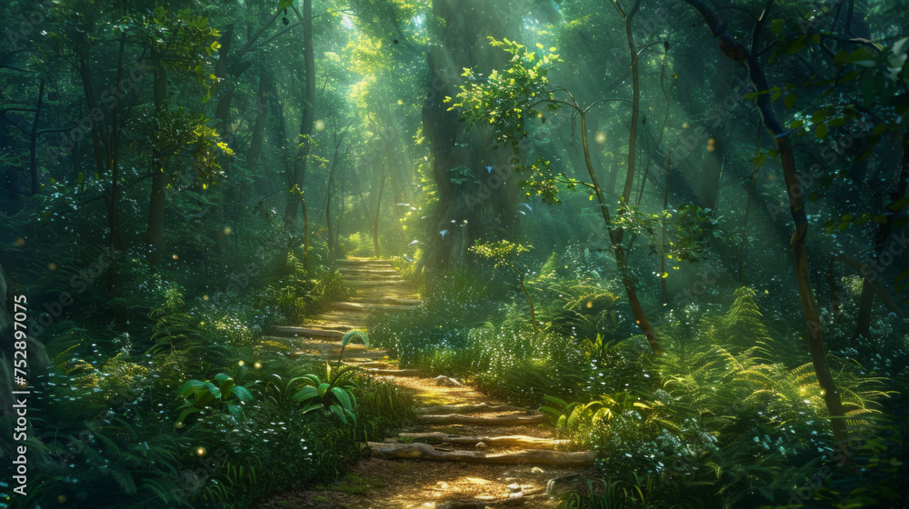 Sunlight filters through the trees on a serene path in a lush green forest.