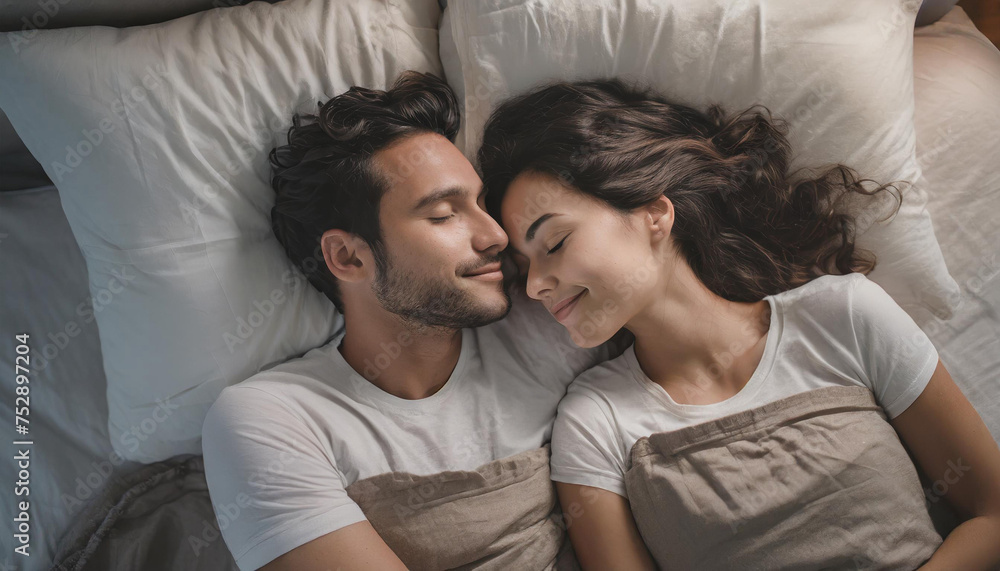 Portrait of a happy couple sleeping in bed during sunrise