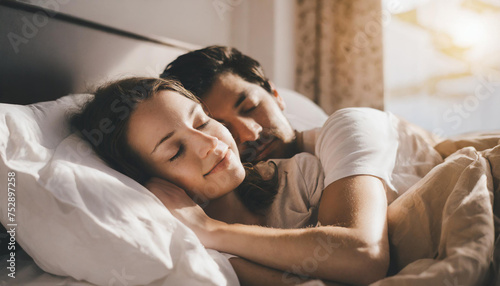 Portrait of a happy couple sleeping in bed during sunrise