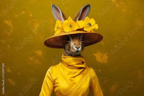 stylish hare in a yellow dress hat © RealPeopleStudio