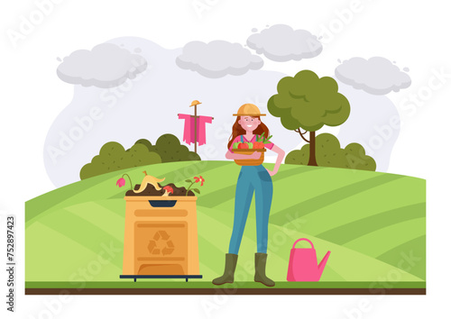 Female farmer holding basket with vegetables. Recycling bin with composting waste. Vector illustration. Organic farming concept