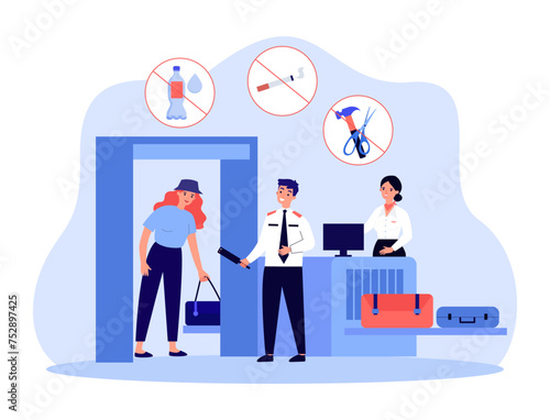 Female passenger going through metal detector scanner. Security agents checking passenger and luggage at airport. Vector illustration. Restrictions on fluid, cigarettes and sharp objects