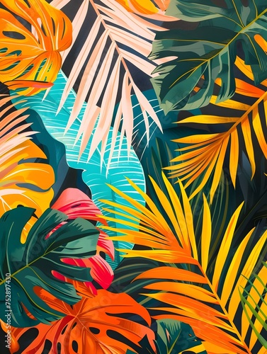 Vibrant Tropical Leaves and Flowers Illustration, To provide a visually striking and exotic background for various design projects, including