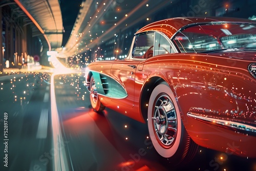 Vintage Red Corvette Driving Through Night, To convey a sense of nostalgia and futuristic glamour with the iconic vintage red corvette