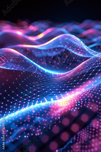 Vibrant digital wave landscape with particles. A high-quality 3D render of a dynamic digital wave landscape with illuminated particle dots creating a cosmic atmosphere. © Merilno