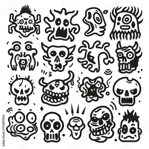 Dread Domain - Creepy Collections. Sticker Collection. Multiple. Vector Icon Illustration. Icon Concept Isolated Premium Vector. Line Art. Black Outline. White Background.