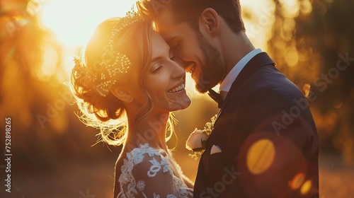 An evocative sunset portrait captures the bride and groom in a tender embrace, bathed in golden light, perfect for romantic wedding visuals