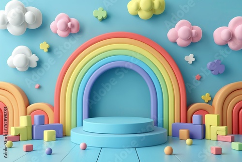 3D rendering of a podium surrounded by rainbow-colored blocks, educational toys for babies