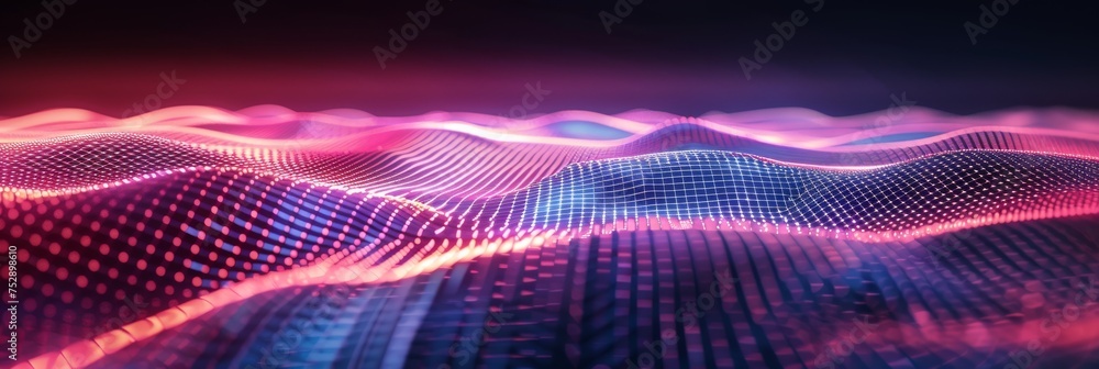 Fototapeta premium Vibrant digital wave landscape with particles. A high-quality 3D render of a dynamic digital wave landscape with illuminated particle dots creating a cosmic atmosphere.