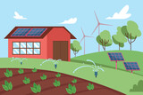 Country cottage with solar panels, wind turbines and irrigation system. Vector illustration. Modern technology and sustainable agriculture practices concept