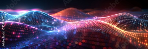 Vibrant digital wave landscape with particles. A high-quality 3D render of a dynamic digital wave landscape with illuminated particle dots creating a cosmic atmosphere.