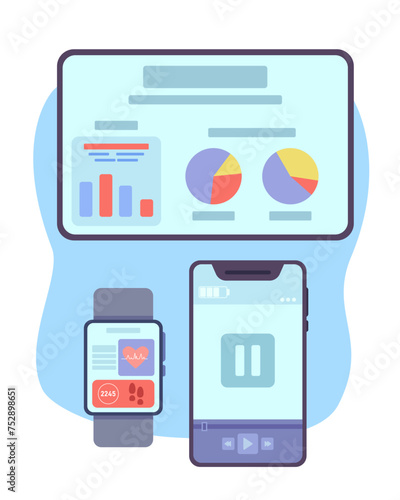 Innovative gadgets vector illustration. Mobile phone, tablet, smart watches. Modern technology concept