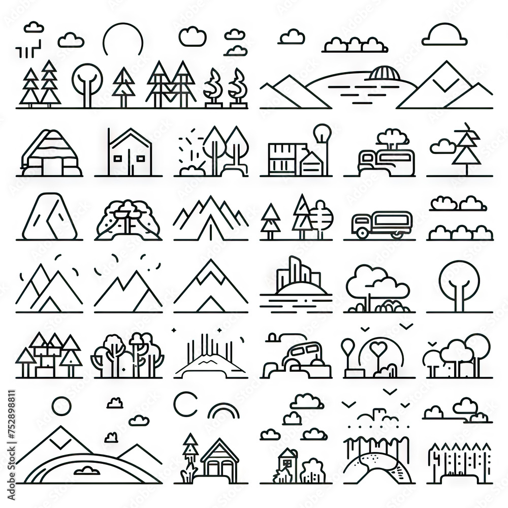 Pixel Panorama - Web Icon Landscapes. Sticker Collection. Multiple. Vector Icon Illustration. Icon Concept Isolated Premium Vector. Line Art. Black Outline. White Background. Pixel Panorama - Web Icon Landscapes. Sticker Collection. Multiple. Vector Icon Illustration. Icon Concept Isolated Premium Vector. Line Art. Black Outline. White Background.