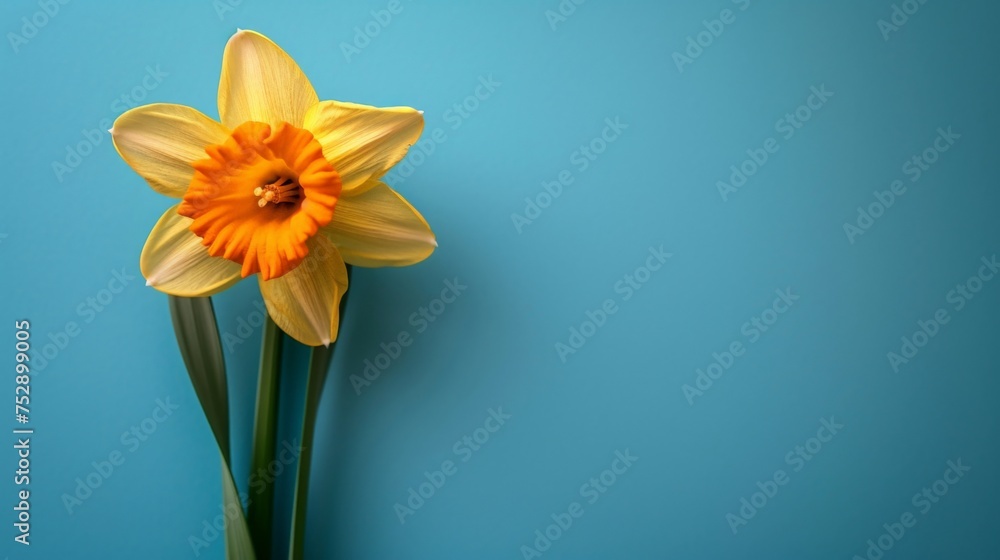 Naklejka premium Bright yellow daffodil on vibrant blue background with space for text, spring floral concept deco